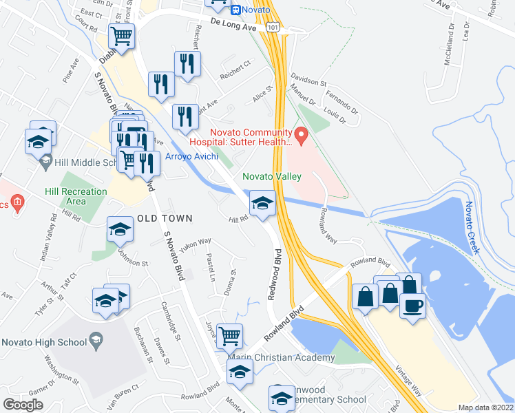 map of restaurants, bars, coffee shops, grocery stores, and more near 6100 Redwood Blvd in Novato