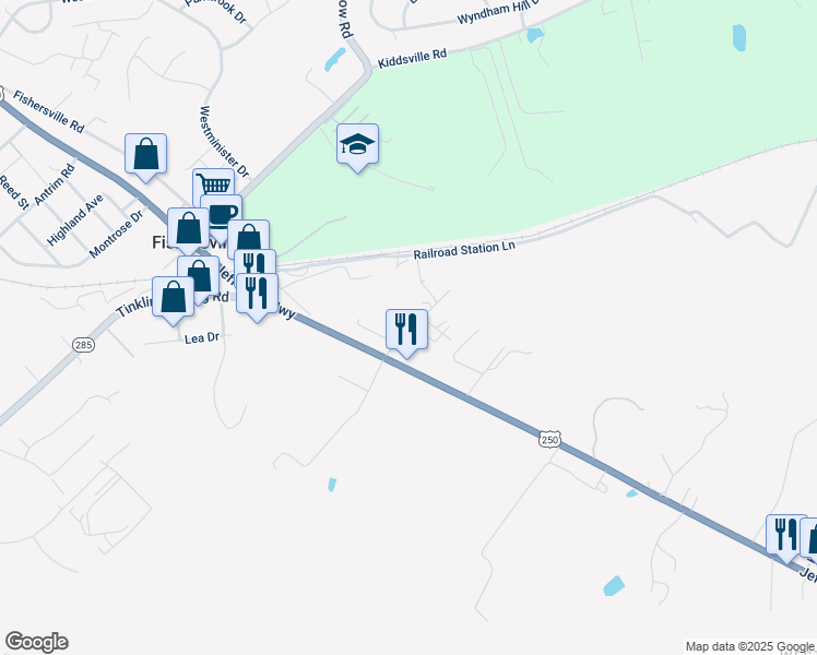 map of restaurants, bars, coffee shops, grocery stores, and more near 34 Maple Road in Fishersville