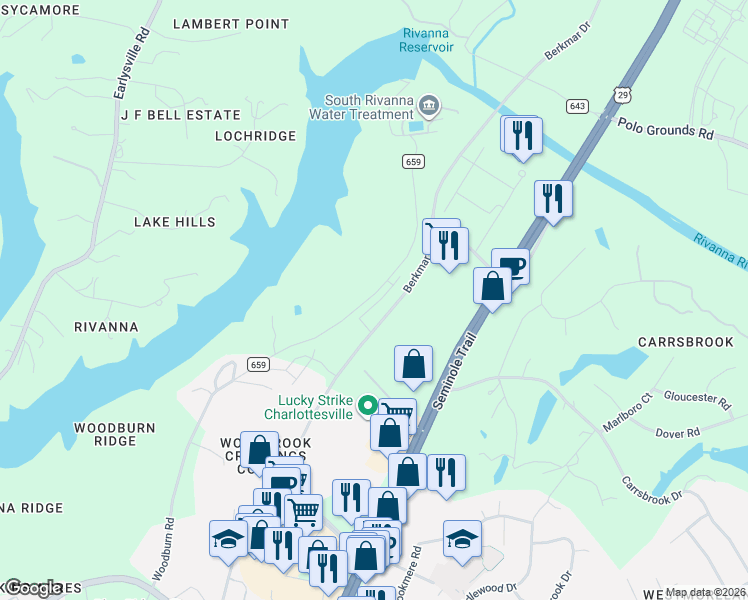 map of restaurants, bars, coffee shops, grocery stores, and more near 2226 Woodburn Road in Charlottesville