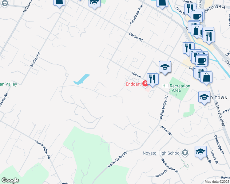 map of restaurants, bars, coffee shops, grocery stores, and more near 631 Canyon Road in Novato