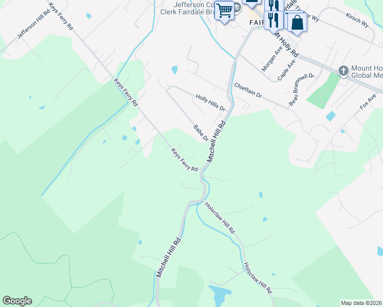 map of restaurants, bars, coffee shops, grocery stores, and more near 10613 Keys Ferry Road in Louisville