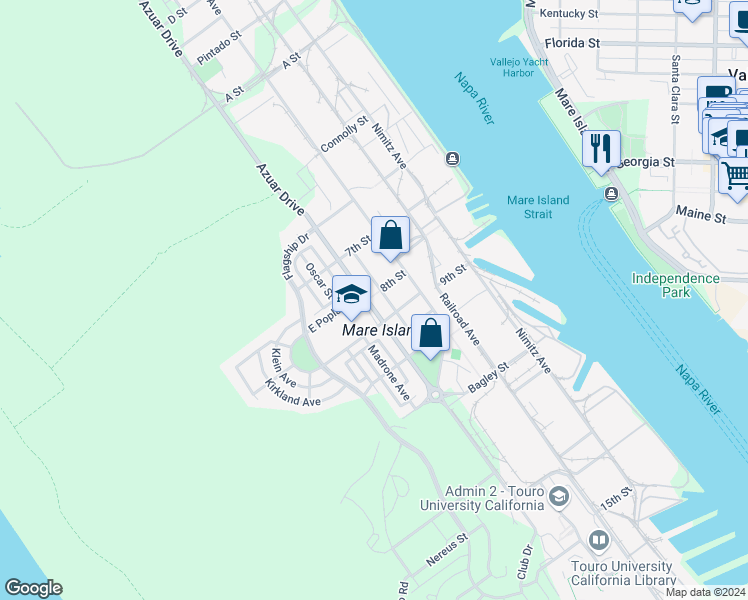 map of restaurants, bars, coffee shops, grocery stores, and more near 1070 Azuar Drive in Vallejo