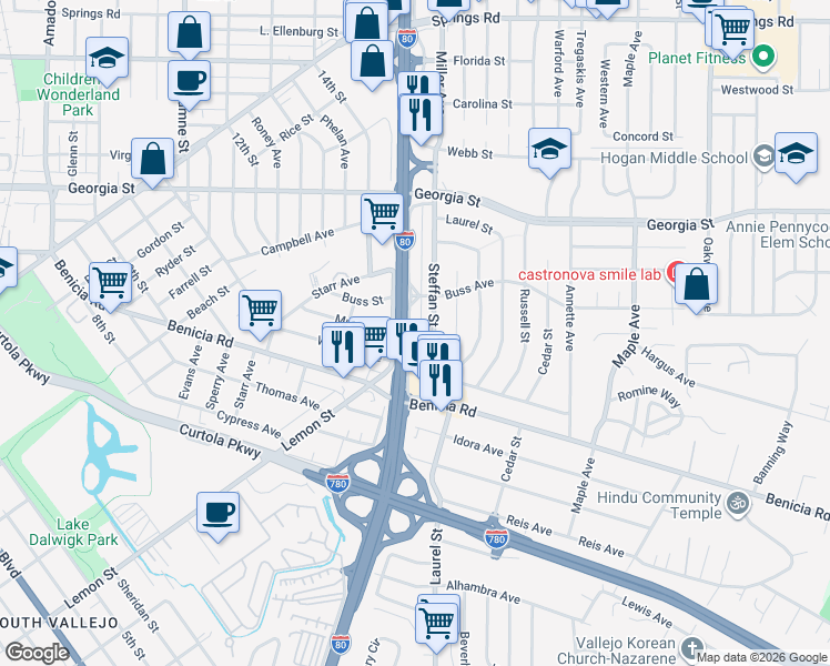 map of restaurants, bars, coffee shops, grocery stores, and more near 522 Lincoln Road East in Vallejo