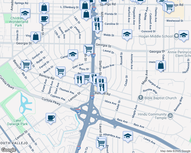 map of restaurants, bars, coffee shops, grocery stores, and more near 522 Lincoln Road East in Vallejo