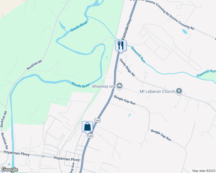 map of restaurants, bars, coffee shops, grocery stores, and more near 178 East Side Highway in Waynesboro