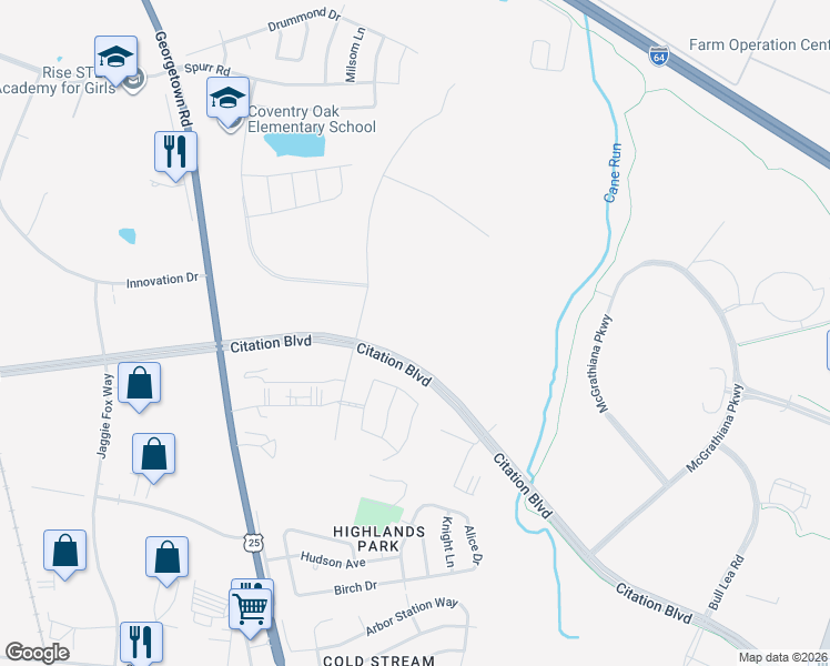 map of restaurants, bars, coffee shops, grocery stores, and more near 2350 Remington Way in Lexington