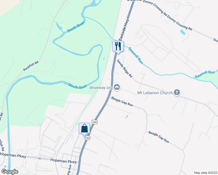 map of restaurants, bars, coffee shops, grocery stores, and more near 178 East Side Highway in Waynesboro
