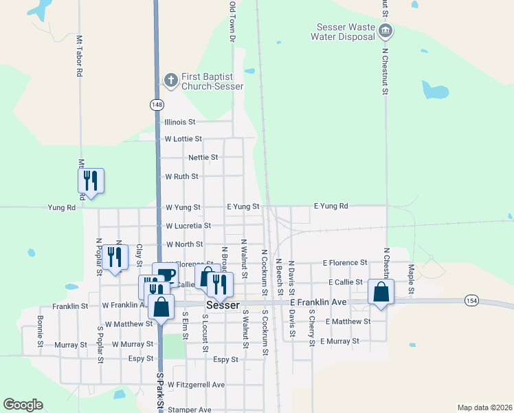 map of restaurants, bars, coffee shops, grocery stores, and more near Yung St in Sesser