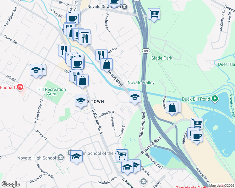 map of restaurants, bars, coffee shops, grocery stores, and more near 315 Mariner Way in Novato