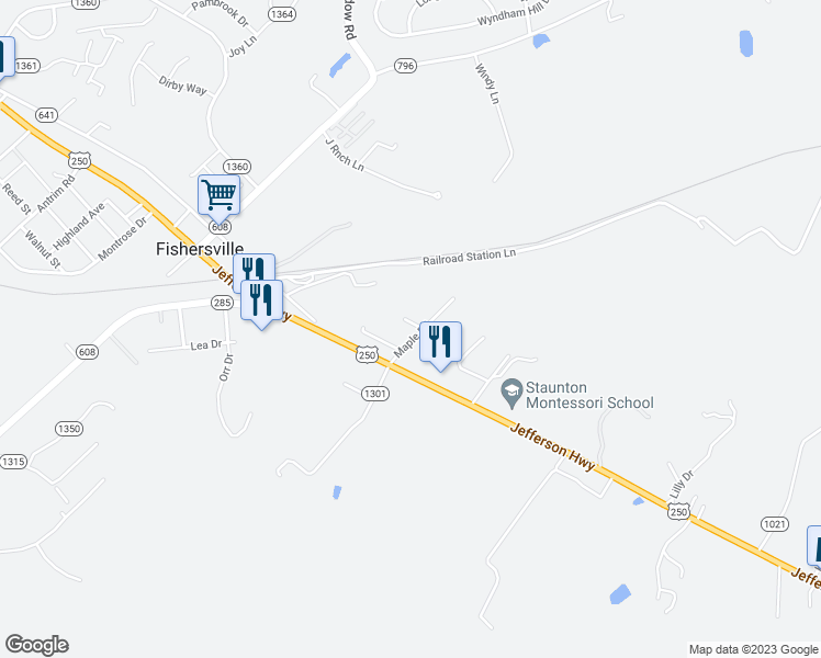 map of restaurants, bars, coffee shops, grocery stores, and more near 34 Maple Road in Fishersville