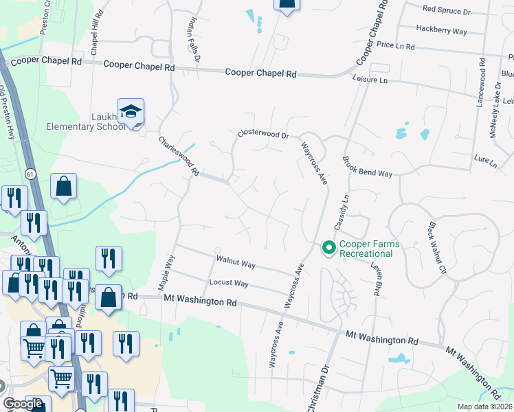 map of restaurants, bars, coffee shops, grocery stores, and more near 5609 Sullivan Way in Louisville