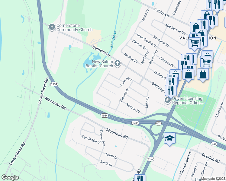 map of restaurants, bars, coffee shops, grocery stores, and more near 6412 Faris Way in Louisville