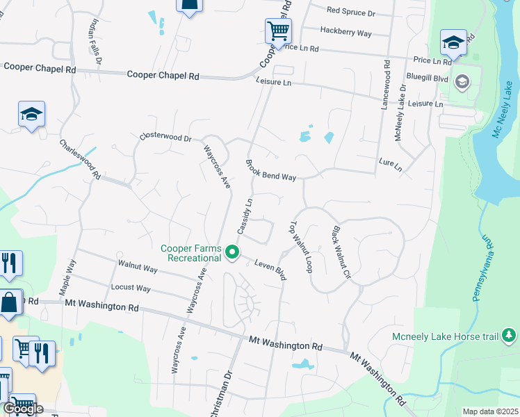 map of restaurants, bars, coffee shops, grocery stores, and more near 11321 Cassidy Lane in Louisville