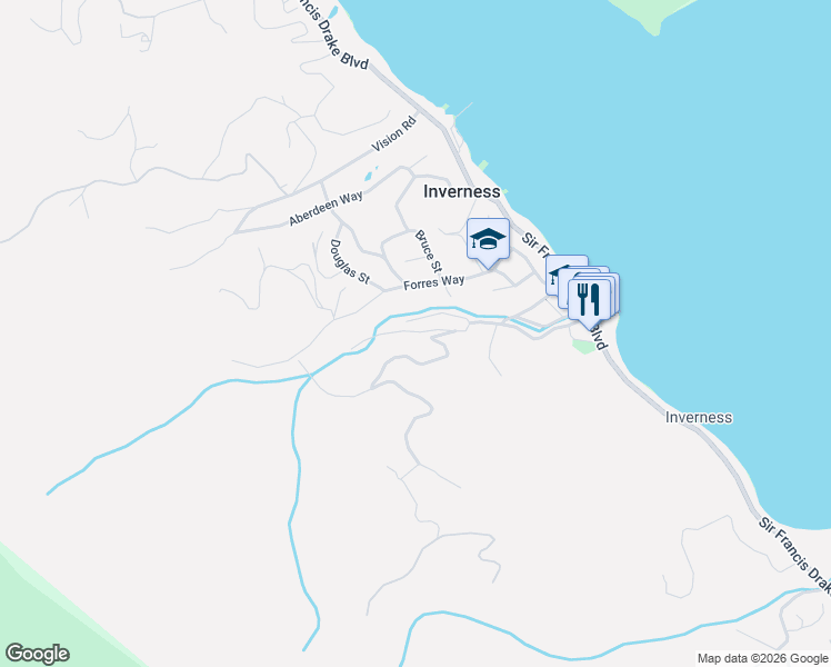 map of restaurants, bars, coffee shops, grocery stores, and more near 95 Inverness Way in Point Reyes Station