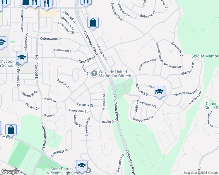 map of restaurants, bars, coffee shops, grocery stores, and more near 1025 Columbus Parkway in Vallejo