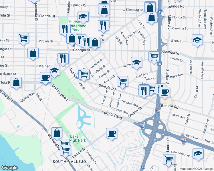 map of restaurants, bars, coffee shops, grocery stores, and more near 1333 Beach Street in Vallejo