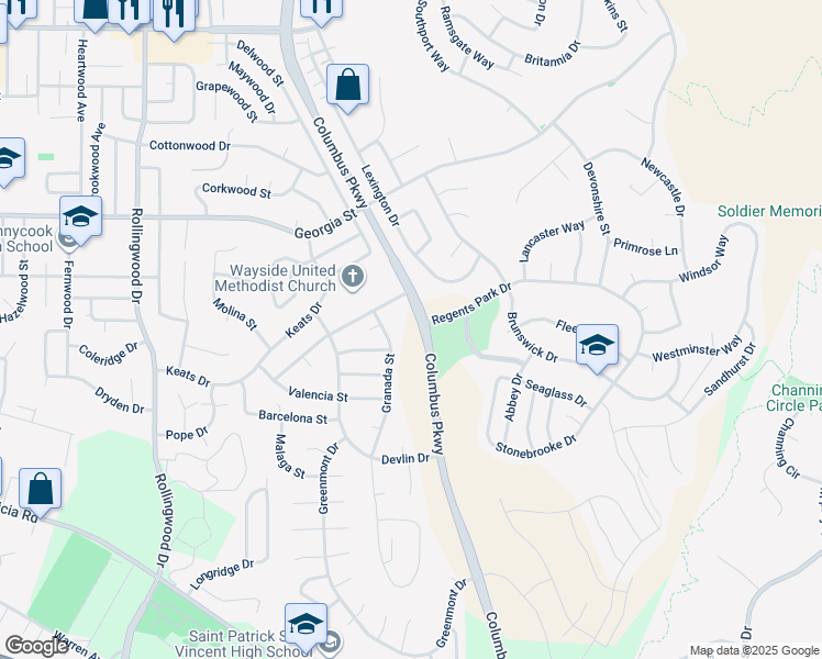 map of restaurants, bars, coffee shops, grocery stores, and more near 1025 Columbus Parkway in Vallejo