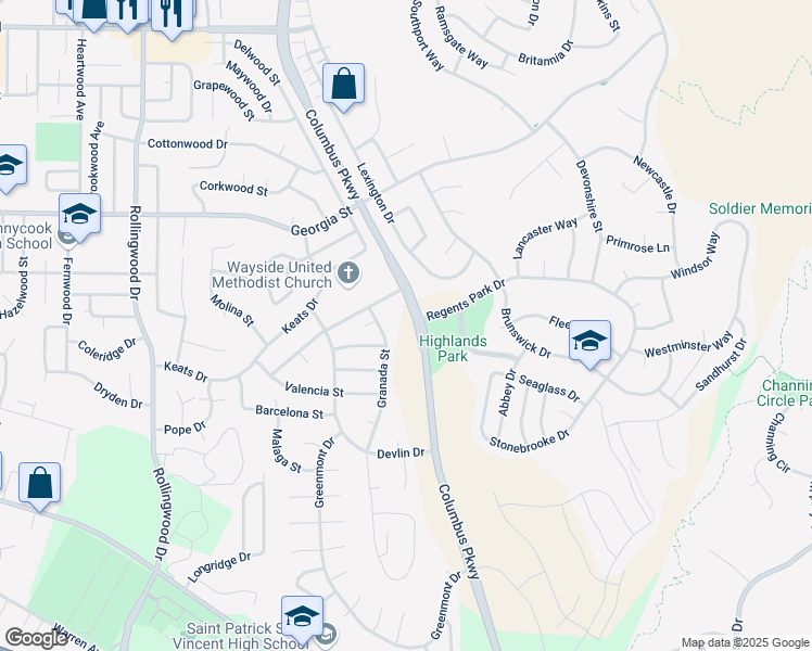 map of restaurants, bars, coffee shops, grocery stores, and more near 1025 Columbus Parkway in Vallejo