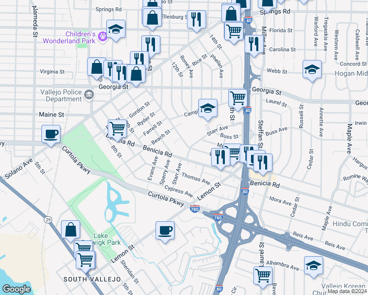 map of restaurants, bars, coffee shops, grocery stores, and more near 326 Wallace Avenue in Vallejo