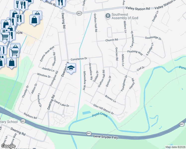 map of restaurants, bars, coffee shops, grocery stores, and more near 10812 Golden Drive in Louisville