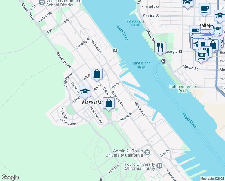 map of restaurants, bars, coffee shops, grocery stores, and more near 900 Railroad Avenue in Vallejo