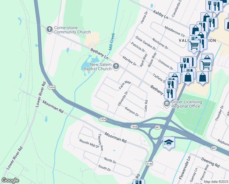map of restaurants, bars, coffee shops, grocery stores, and more near 6412 Faris Way in Louisville