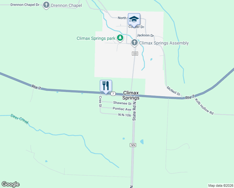 map of restaurants, bars, coffee shops, grocery stores, and more near Route 7 in Climax Springs