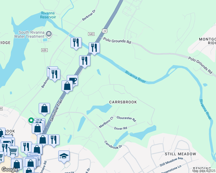 map of restaurants, bars, coffee shops, grocery stores, and more near 307 Monacan Drive East in Charlottesville