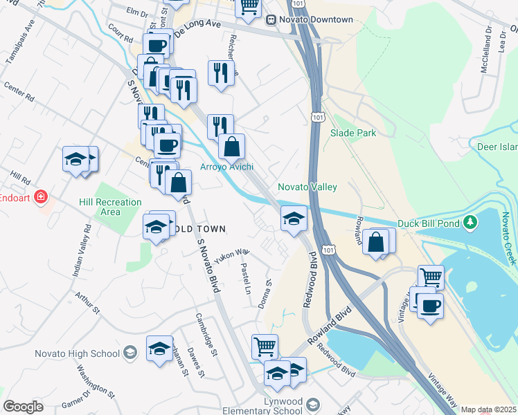 map of restaurants, bars, coffee shops, grocery stores, and more near 209 Mariner Way in Novato