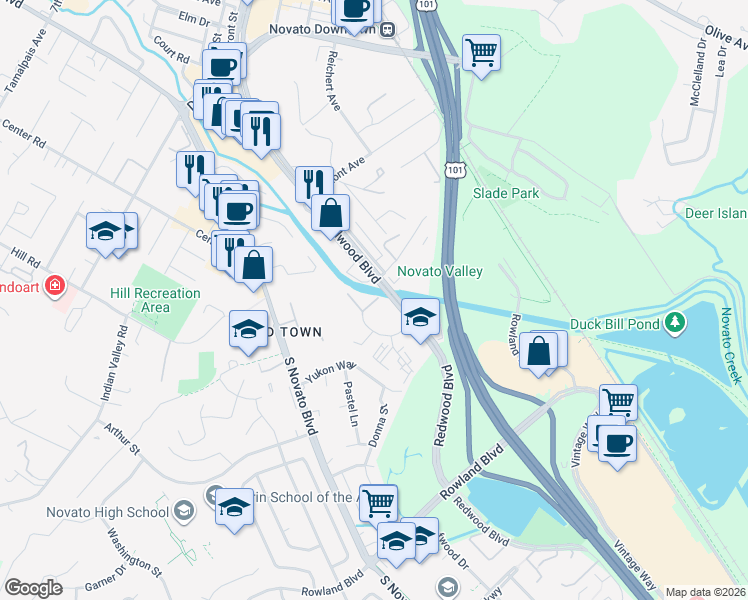 map of restaurants, bars, coffee shops, grocery stores, and more near 215 Mariner Way in Novato