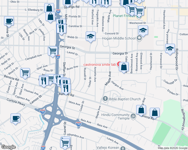map of restaurants, bars, coffee shops, grocery stores, and more near 560 Annette Avenue in Vallejo