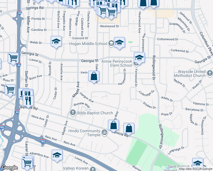 map of restaurants, bars, coffee shops, grocery stores, and more near 3127 Hazelwood Street in Vallejo