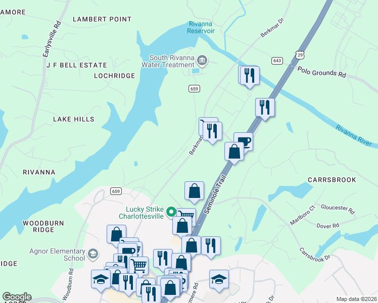 map of restaurants, bars, coffee shops, grocery stores, and more near 2226 Woodburn Road in Charlottesville