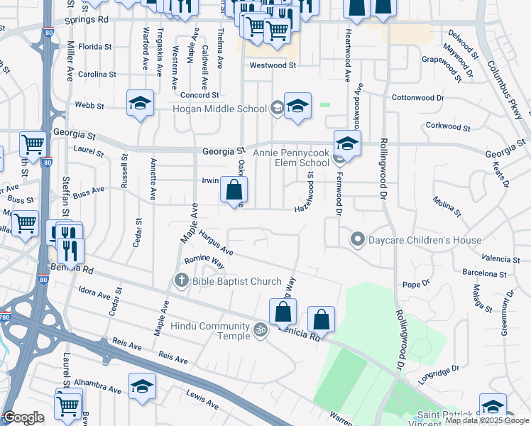 map of restaurants, bars, coffee shops, grocery stores, and more near 3127 Hazelwood Street in Vallejo