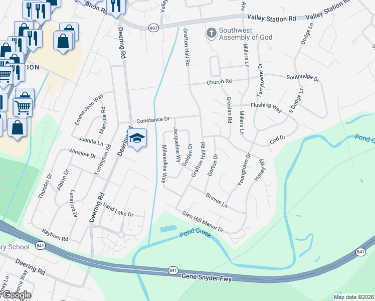 map of restaurants, bars, coffee shops, grocery stores, and more near 10812 Golden Drive in Louisville