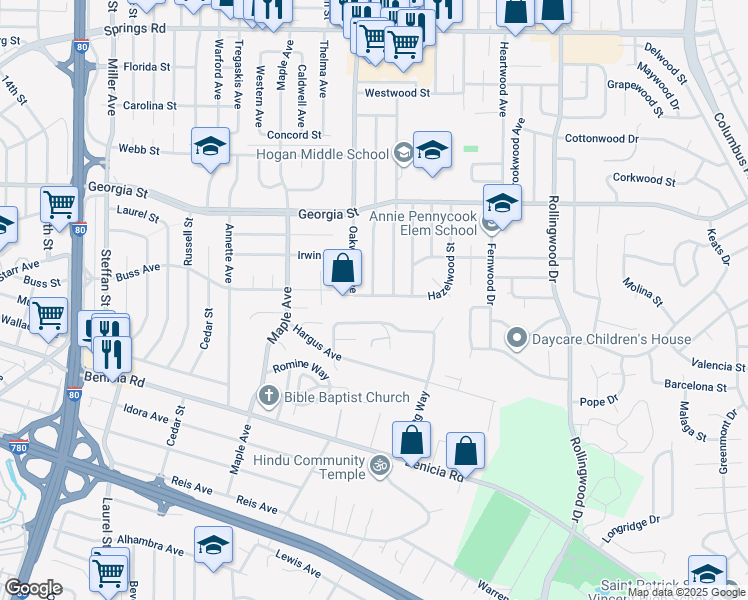 map of restaurants, bars, coffee shops, grocery stores, and more near 3127 Hazelwood Street in Vallejo