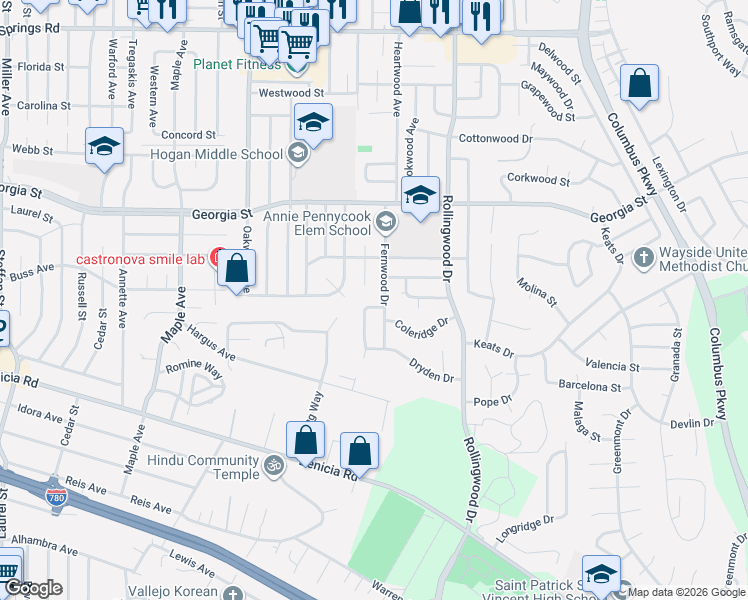 map of restaurants, bars, coffee shops, grocery stores, and more near 114 Shelley Drive in Vallejo