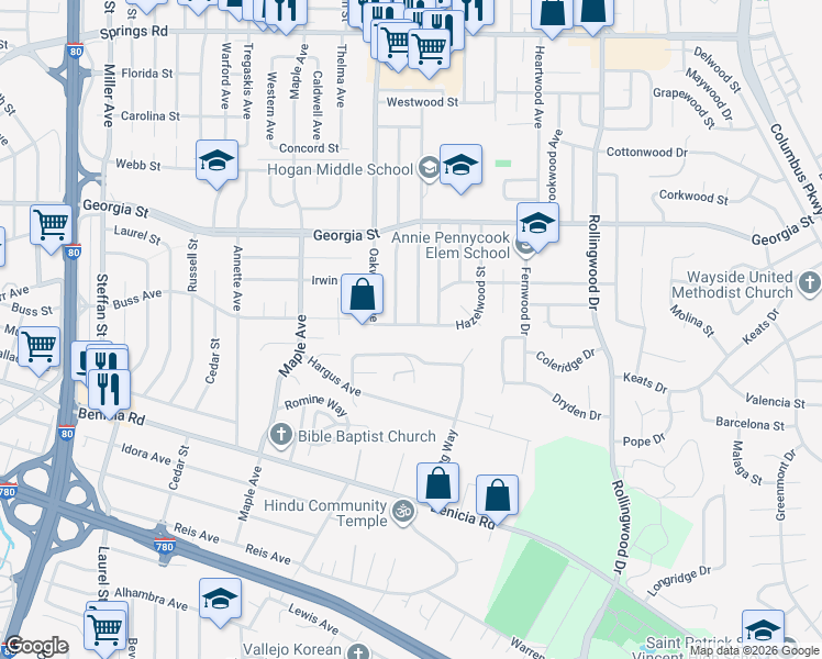 map of restaurants, bars, coffee shops, grocery stores, and more near 3127 Hazelwood Street in Vallejo