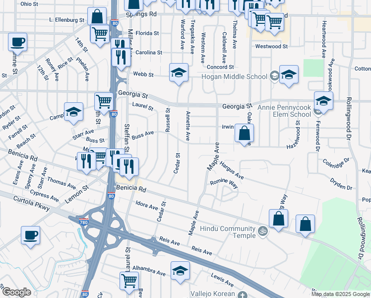 map of restaurants, bars, coffee shops, grocery stores, and more near 560 Annette Avenue in Vallejo