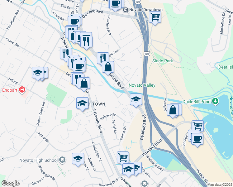 map of restaurants, bars, coffee shops, grocery stores, and more near 315 Mariner Way in Novato