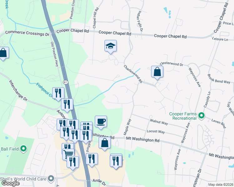 map of restaurants, bars, coffee shops, grocery stores, and more near 11605 Chasewood Court in Louisville