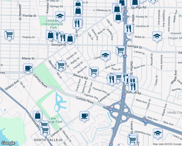 map of restaurants, bars, coffee shops, grocery stores, and more near 326 Wallace Avenue in Vallejo