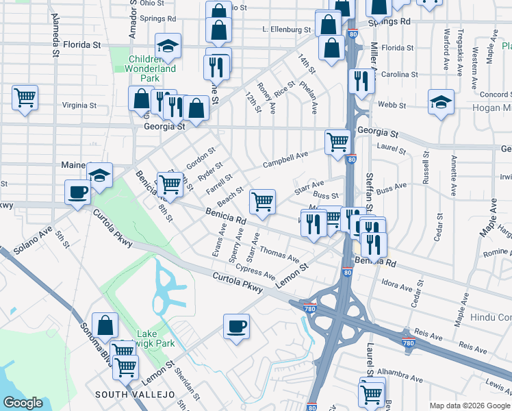 map of restaurants, bars, coffee shops, grocery stores, and more near 326 Wallace Avenue in Vallejo