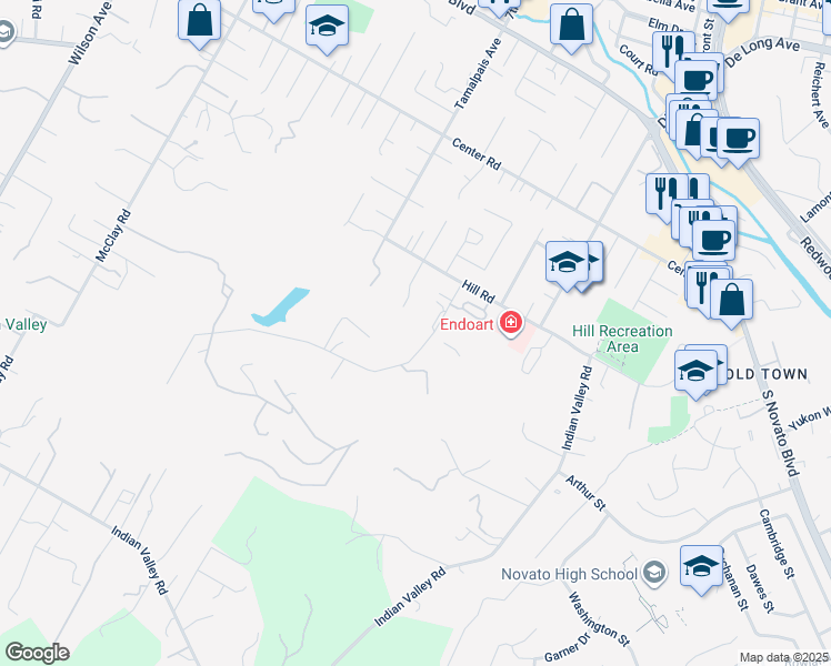 map of restaurants, bars, coffee shops, grocery stores, and more near 631 Canyon Road in Novato