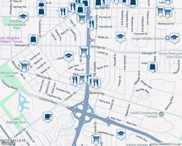 map of restaurants, bars, coffee shops, grocery stores, and more near 522 Lincoln Road East in Vallejo