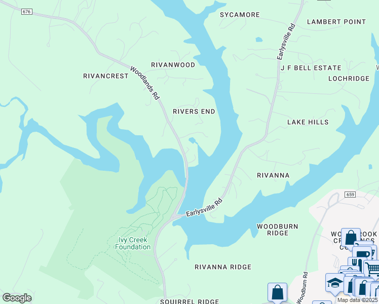 map of restaurants, bars, coffee shops, grocery stores, and more near 254 Woodlands Road in Charlottesville