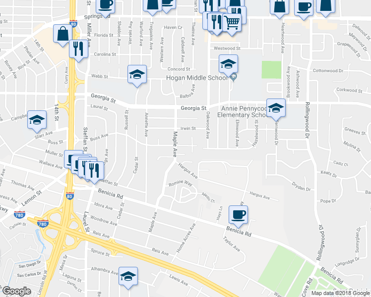 map of restaurants, bars, coffee shops, grocery stores, and more near 3015 Hayman Avenue in Vallejo