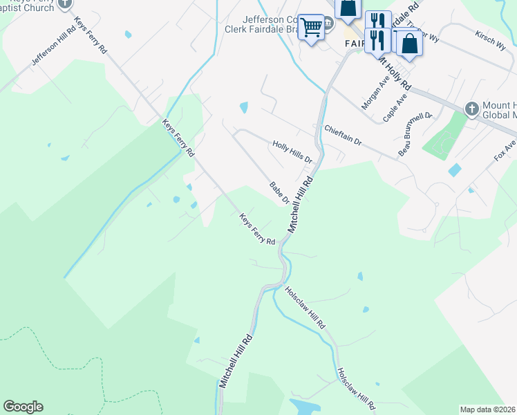 map of restaurants, bars, coffee shops, grocery stores, and more near 10613 Keys Ferry Road in Louisville