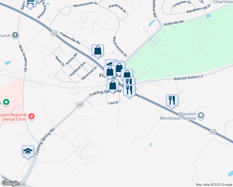 map of restaurants, bars, coffee shops, grocery stores, and more near Virginia 285 in Fishersville