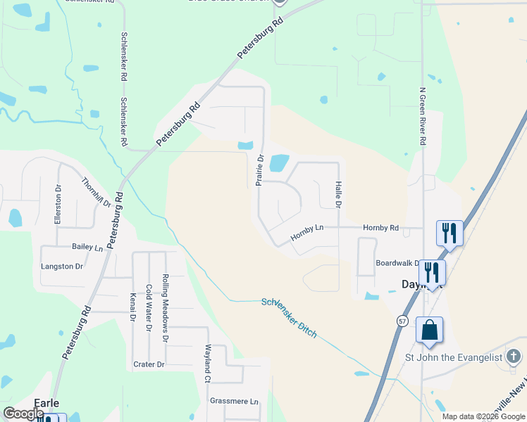 map of restaurants, bars, coffee shops, grocery stores, and more near Lockney Court in Evansville